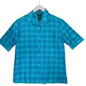Lauren Ralph Lauren Silk Short Sleeve Shirt Blouse Blue Check Womens Small